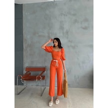 Zenna Tarz Keten Crop Karpuz Kol Bluz-pantolon Hasır Kemerli - Orange