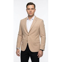Plus Scorpion Erkek Slim Fit Ceket Likralı Fitilli Kumaş, Çift Düğmeli Tek Yırtmaçlı Modern Tasarım Krem