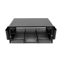 Temel Siyah Ahşap Üst Tablalı Metal Mesh Monitör Yükseltici Stand Çekmeceli Kalemlikli Masaüstü Organizer 9214