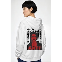 Sevbano Rihanna Şarkıcı Sırt Baskılı Unisex Oversize Penye Hoodie beyaz