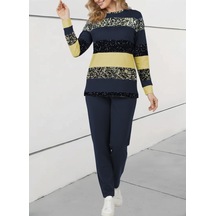 Evyora Kadın Uzun Kollu Bisiklet Yaka Çizgili Desen Iki Iplik Bluz Ve Pantolon Ikili Takım Sarı