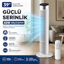 Amazon Başlık 39 İnç Kule Tipi Vantilatör, Uzaktan Kumandalı, 45w Güçlü Motor, 3 Hız Kademesi, 3 Modlu, Led Dokunmatik Ekran, Salınımlı, Sessiz Çalışma, 7.5 Saat Zamanlayıcı, Beyaz