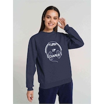 Turn Up Charlie Classic Logo Baskılı Indigo Mavi Kadın Sweatshir