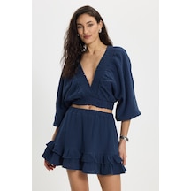Tudors Kadın Oversize Geniş Kesim %100 Pamuk Kruvaze Yaka Crop Fırfırlı Lacivert Şort Etek Takım-50559