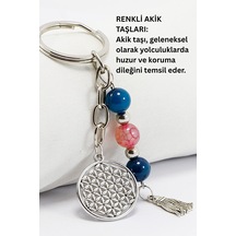 Doğal Taşlı Gümüş Renkli Metal Yaşam Çiçeği Anahtarlık, Renkli Ak