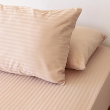 Çizgili Saten Yatak Çarşafı Lastikli 160x200 Yastık Kılıfı 50x70 Krem