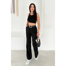 Pileli Yüksek Bel Kemerli Kumaş Pantolon Elegant siyah