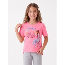 Onloox Kız Çocuk Neon Pembe Kız Çocuk Neon Pembe Pamuklu Bisiklet Yaka Regular Kalıp Simli Kız Baskılı Tişört 9-10 Yaş