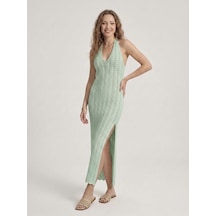 Neden Tekstil Kadın Ajurlu Halter Yaka Yırtmaçlı Uzun Beachwear Elbise - Plaj Elbisesi - Mint Yeşili