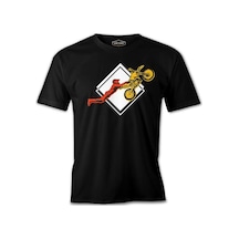 A Biker Performing A Double Seat Stunt On Amotor Bike Siyah Erkek Tshirt 001