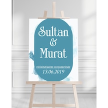 Söz Nişan Düğün İçin 50x70 Karşılama Panosu - Pastel Mavi Tasarımlı Beyaz