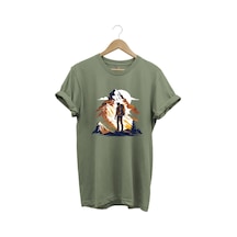 Mountain Dağ Yürüyüşü Ve Kar Manzara Baskılı %100 Pamuk Unisex Regular Fit T-shirt Haki