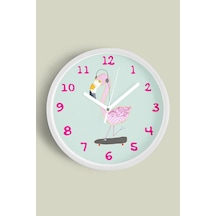 Kaykay Yapan Pembe Flamingo Çocuk Odası Duvar Saati - 35cm - Önü Camlı Beyaz Kasa - Sessiz Mekanizma Beyaz