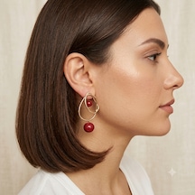 Rhea Jewelry Çelik Geometrik Kırmızı Boncuklu Sallantılı Kadın Küpe Gold 7 Cm Altın - Kırmızı