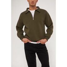 Ghassy Co. Erkek Polo Yaka Oversize Yarım Fermuarlı Sweatshirt Haki