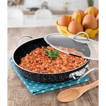 Lines Menemen Aşkı Cam Kapaklı Granit Tava 28 CM Siyah