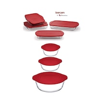 Paşabahçe Borcam Kırmızı Kapaklı 7 Parça Çeyiz Seti (59001-59123-59001-59006-59124-59034-59024) Kır Kırmızı