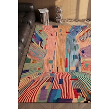 Flow 01 Çok Renkli Soyut Geometrik Desenli Yıkanabilir İnce Dijital Baskı Şönil Salon Koridor Halıs