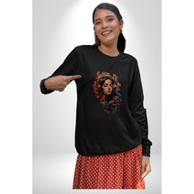 Müzik Dinleyen Kulaklık Yaprak Saçlı Renkli Unisex Siyah Baskılı Sweatshirt Siyah