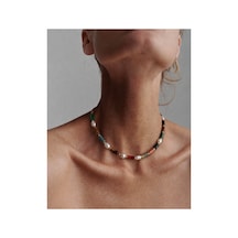Pearl Collection Gaia Doğal Taşlı İnci Detaylı Renkli Choker Kolye Turkuaz Turkuaz