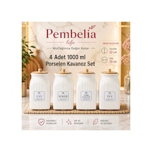 4 Lü Bambu Kapaklı Porselen 1000 Ml Çay Şeker Türk Kahve Tuz Saklama Kavanoz Seti Bakliyat Kavanoz Beyaz Beyaz
