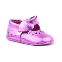 Hapshoe Kids Hakiki Deri Fuşya Fiyonklu Lastikli Bebek Patik Pembe