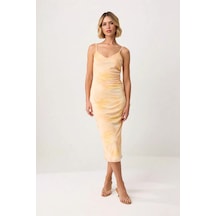 Benerly Kadın Soyut Desen V Yaka Kolsuz Maxi Elbise Astarlı Bodycon Kesim Sarı