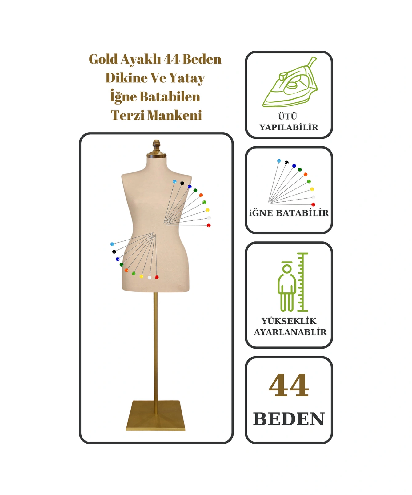 44 Beden Iğne Batabilen Terzi Mankeni Prova Mankeni Sünger Manken Gold Ayaklı Krem Kumaş Po-01