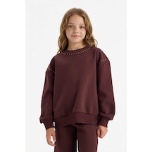 Defacto Kız Çocuk Overshirt Fit Taşlı İçi Yumuşak Tüylü Sweatshirt G6262a825wnbn277 Kahve-bn277