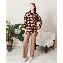 Bw Best Woman Kapüşonlu Oversıze Pera Gömlek-kahverengi Desenli Kahverengi