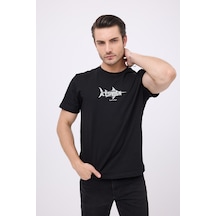 Marıne Tee Deniz Temalı Ribana Bisiklet Yaka Pamuk T-shirt-3136 SIYAH
