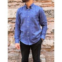 Slim Fit Uzun Kol Müslin Dijital Baskılı Hediye Kutulu Erkek Gömlek Fs-004599 - Lacivert-3362