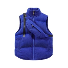 Kadife Dik Yaka Pamuklu Yelek Ve Omuz Çantası Mavi