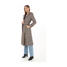 Ertaştrendstore Kadın Balık Sırtı Kaşe Kaban Uzun Boy Kruvaze Yaka Kuşaklı Astarlı Tesettür Kaban - Vizon Çok Renk
