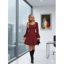 Gizers Giyim Kadın Uzun Kollu Kare Kalp Yakalı Mini Modal Elbise Kırmızı