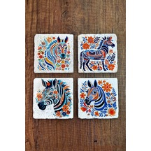Doğal Taş Bardak Altlığı 4'lü Set 10x10x1 Cm Renkli Zebra Baskılı -stone Coasters Çok Renkli