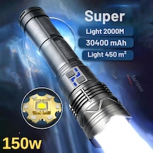 150w Süper Parlak El Feneri 3000m Menzil, 30.400mah, Şarj Edilebilir, Su Geçirmez Alüminyum Gövde Siyah