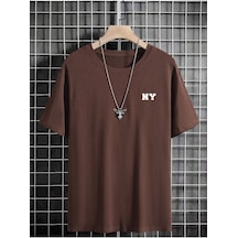 Ny Yazı Süprem T-shirt - Kahverengi Baskılı Oversize Bisiklet Yaka Tişört Kahverengi