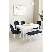 Clara Beyaz Mermer Desen 80x132 Açılabilir Yemek Odası Takımı 4 Sandalye, 1 Bench Antrasit