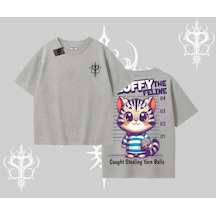 Tarzsokak Fluffy The Feline Yazılı Sevimli Kedi Arka Baskılı Oversize Tshirt Gri
