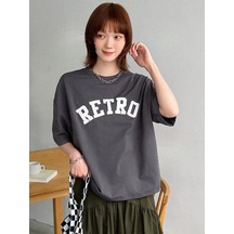 Retro T-shirt - Füme Baskılı Oversize Bisiklet Yaka Kısa Kol Tişört Füme-74635