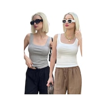 Madmext 2'li Paket Beyaz- Gri Fitilli Askılı Basic Atlet Mg2427 Gri/beyaz