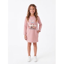 Onloox Kız Çocuk Gülkurusu Kız Çocuk Gülkurusu Pamuklu Bisiklet Yaka Uzun Kollu Slim Fit Baskılı Cepli Tunik Elbise 6-9 Yaş