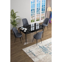 Canisa Han Serisi, Siyah Mermer Desen 70x114 Açılabilir Mdf Mutfak Masa Takımı, 4 Füme Sandalye Masa Siyah Mermer Sandalyeler Füme