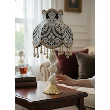 Koyu Füme Fransız Dantel Beyaz İşlemeli Kadife Başlık Gold İnci Ayaklı Klasik Model Abajur 50x25cm