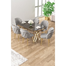 Canisa Zae Serisi 90x168 Lak Panel Antrasit Ironi Gold Ayak Masa Takımı 6 Gri Sandalye Masa Antrasit İroni Sandalye Gri