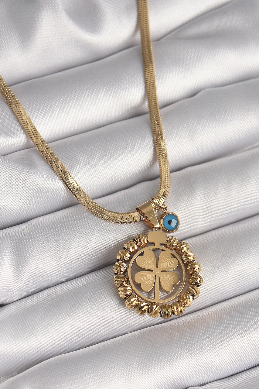 Dodes Dodes 316l Çelik Gold Renk İtalyan Zincir Dorika Yonca Model Nazar Boncuk Detay Kadın Kolye Tg Çok renkli