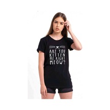 Are You Kitten Me Meow Baskılı Siyah Kadın Tshirt