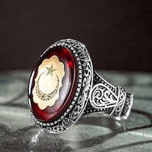 Takılingo 925 Ayar Gümüş Kehribar Taşlı Ayyıldız Desenli Erkek Yüzük Gümüş