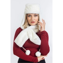 Ladycolor Peluş Kulaklı Pilot Şapka Atkılı Takım Beyaz Beyaz
